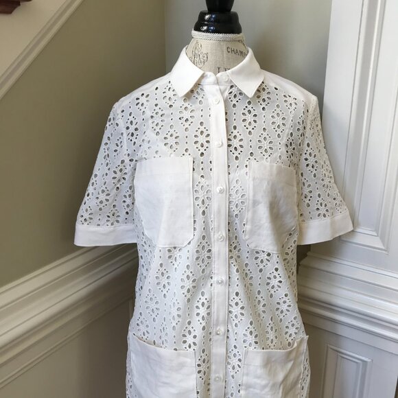 Veronica Beard Rafaela Eyelet Shirt Dress Womens 6 Cream Short Sleeve Cotton - Picture 4 of 12